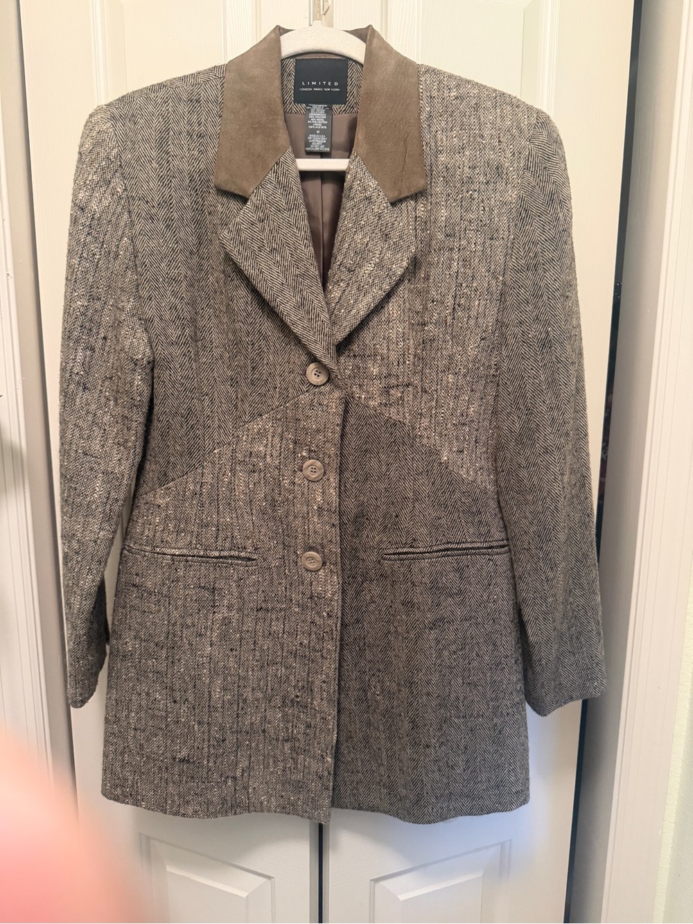 The Limited Women's Gray Tweed Blazer with Brown Suede Collar
